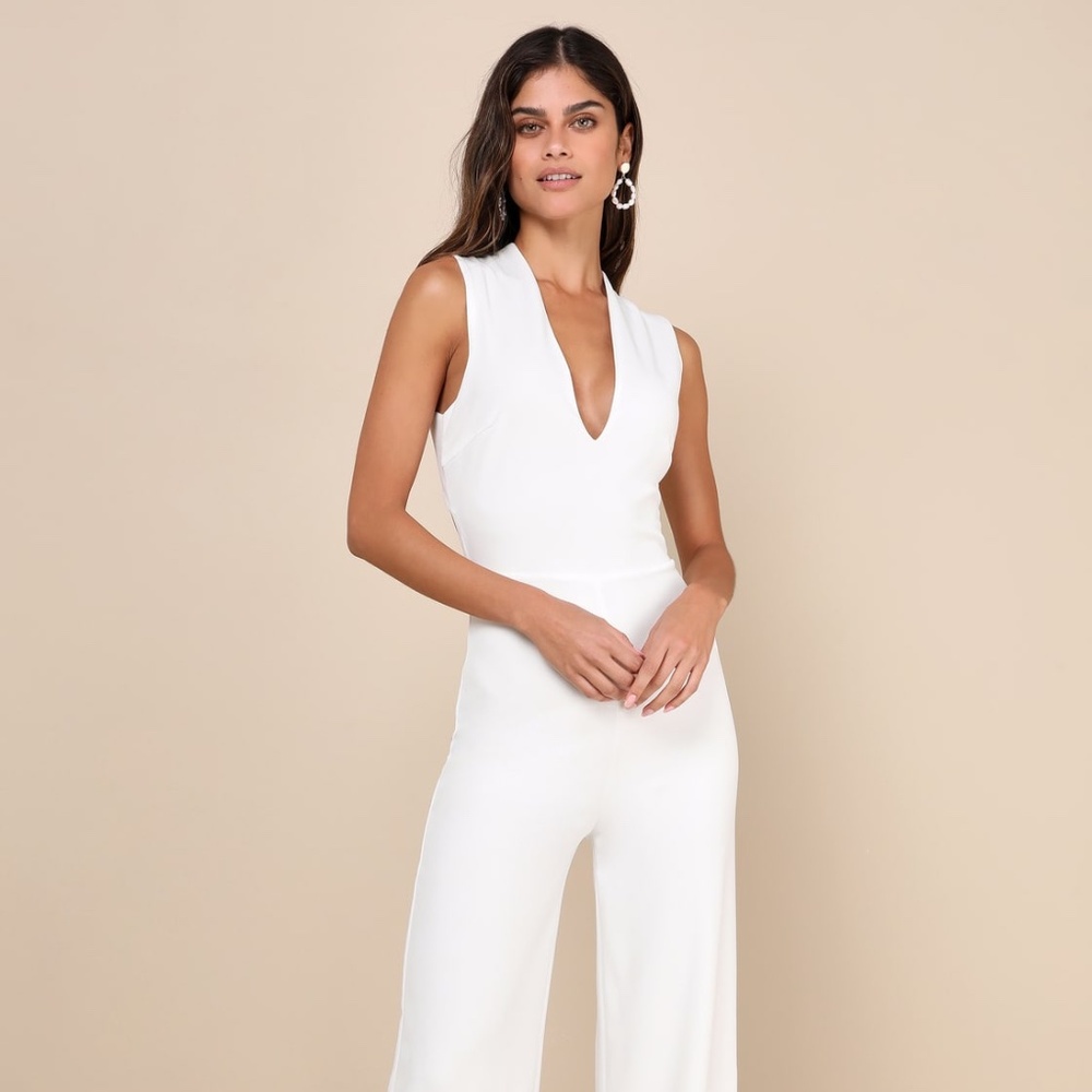 Lulu's Thinking Out Loud White Backless Jumpsuit (size small)